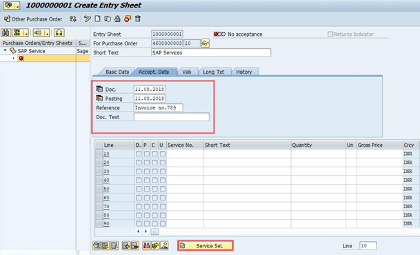 table for service entry sheet account assignment in sap